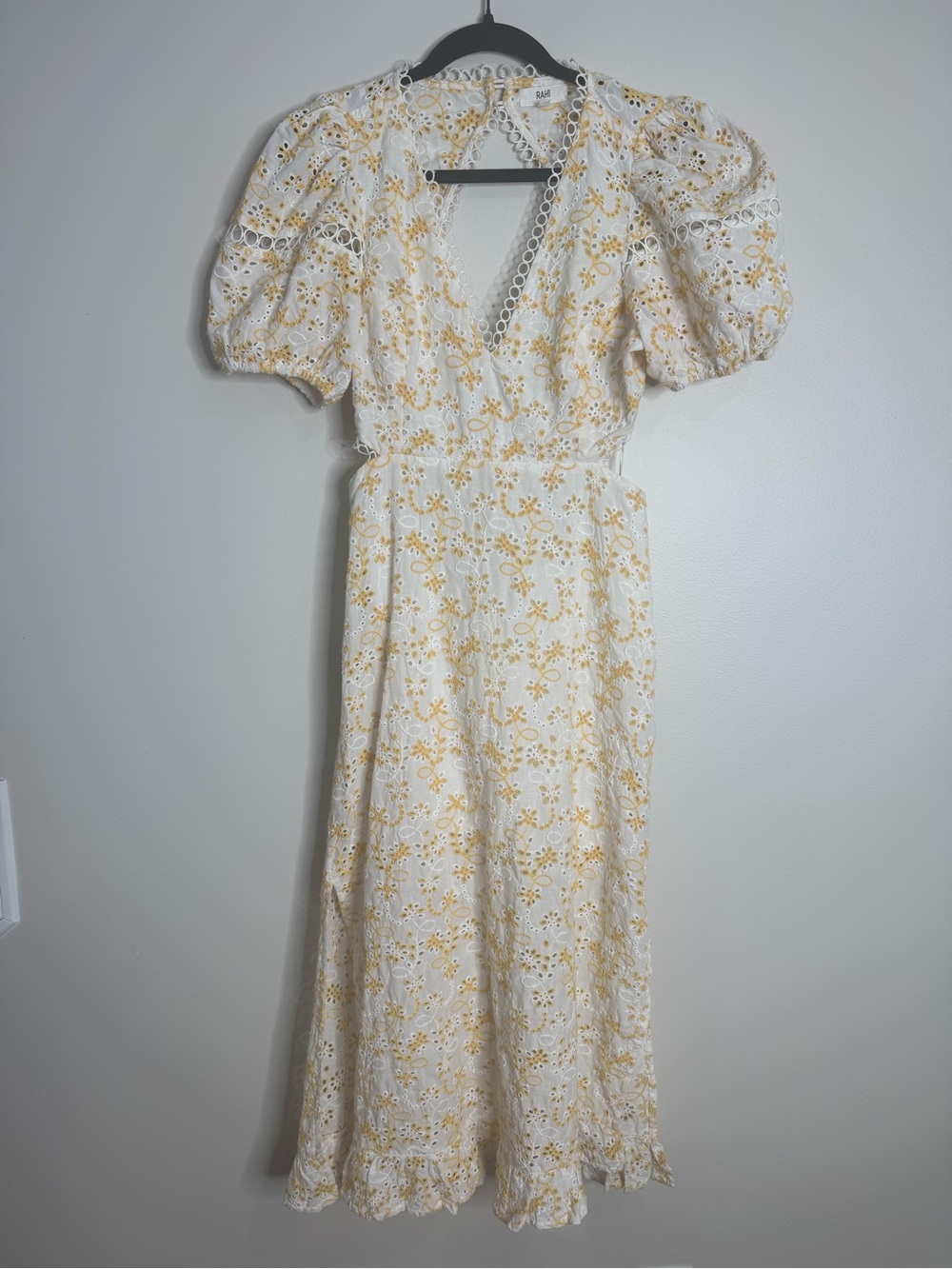 Rahi Anthropologie White Eyelet Puff Sleeve Yellow Floral Open Midi Dress Large